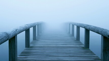 Fototapeta premium Wooden pier disappearing into thick fog over calm water, creating a mysterious and atmospheric scene.