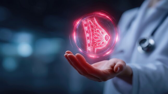 Doctor holding a glowing holographic female breast anatomy above an open hand, representing breast health, mammary gland examination, breast cancer awareness, medical diagnostics, women's healthcare.