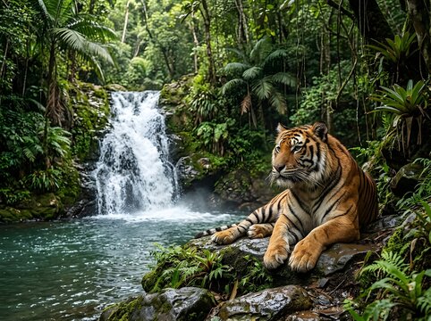Bengal tiger resting near a lush tropical waterfall in a dense rainforest environment