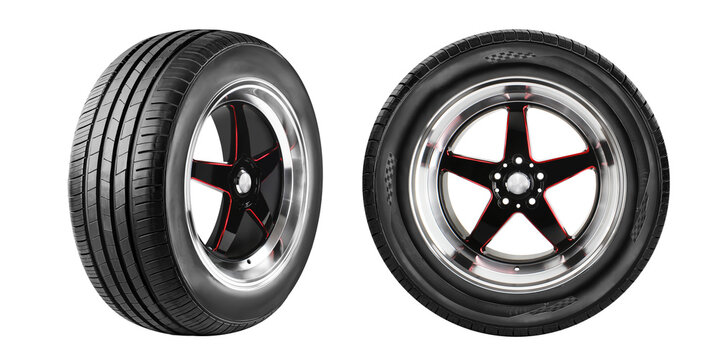 Car tire and wheel design sport set photo Red border isolated on transparent background.
