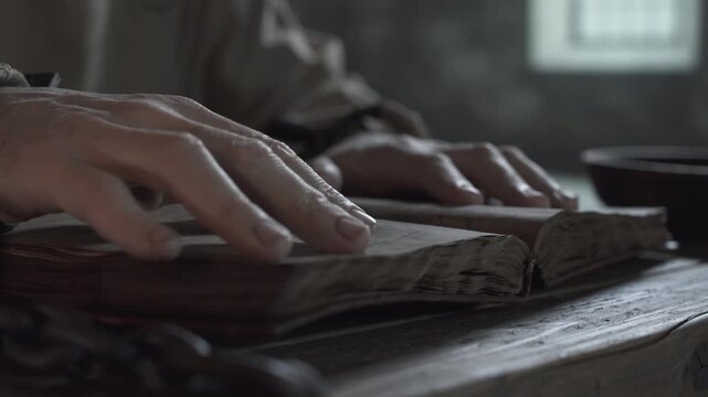 Close up shot of medieval prisoner chained hands tracing lines in an open book on a rough wooden table inside a stone jail cell