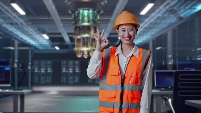 Asian Female Engineer With Safety Helmet Smiling And Showing Okay Gesture To The Camera While Standing at Futuristic Quantum Computer Data Center Control Room