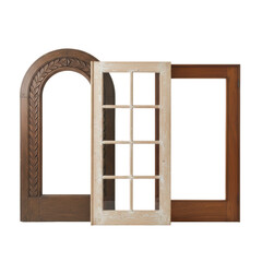 Obraz premium A collection of vintage wooden door frames with visible grain and distressed finishes on a white studio background. concept of architectural craftsmanship