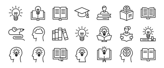 Fototapeta premium Knowledge Thin Line Icon Set Featuring Learning, Education, Research, Innovation, Brainstorming And Information Symbols With Editable Stroke For Website, App And UI Design.