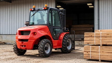 Obraz premium Red forklift with wide tires parked at a warehouse door next to stacked wooden boards in an industrial storage scene