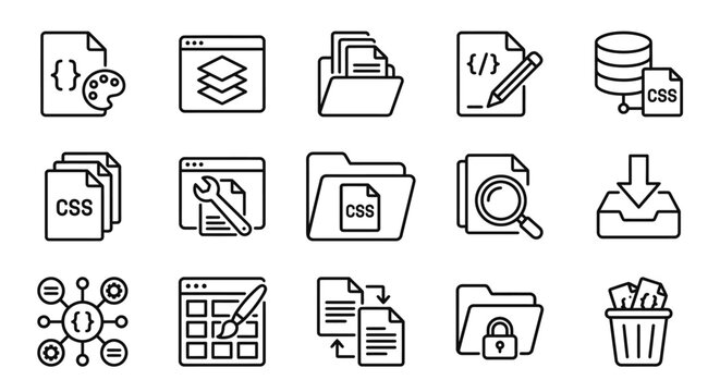 Elegant Black and White Line Icons Set Featuring Web Development CSS Coding and File Management Concepts