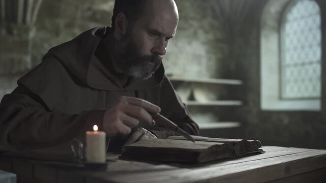 Monastic scribe studying an ancient book, following text lines with a penknife next to a burning candle on a rustic table, with a dark library in the blurred background