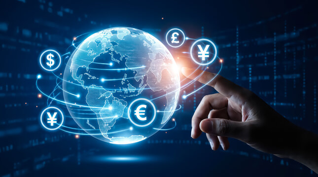 Digital global financial network and currency exchange concept with a hand touching a glowing earth hologram surrounded by international currency symbols