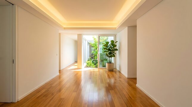 Modern empty living room with wooden floors and a glass door looking out to a small green courtyard garden