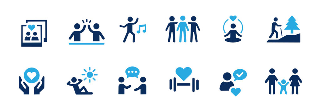 Lifestyle and Happiness icon set, featuring health, friendship, dance, family, fitness, and relaxation. Solid icon illustration pack.