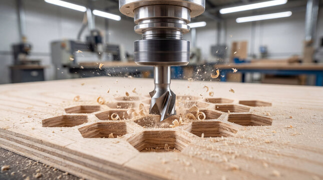 CNC router drilling hexagonal pattern on wood board with chips flying, industrial milling machine close-up