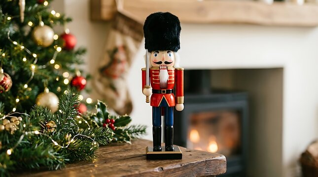 Traditional wooden nutcracker soldier doll standing on a mantle near a decorated Christmas tree and warm fireplace