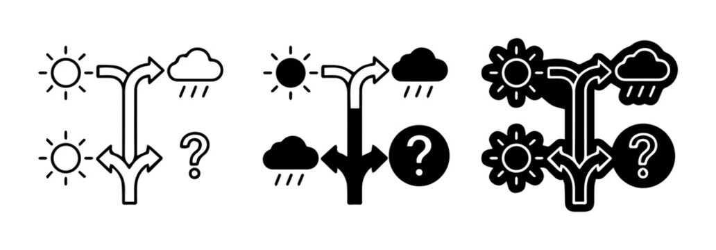 Decision Tree Icons, Branching Paths, Weather Choices, Question Mark Symbol, Vector Set