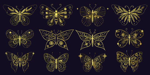 Golden Butterfly Illustrations Intricate Vector Ornament Set Against Dark Background © Mithun
