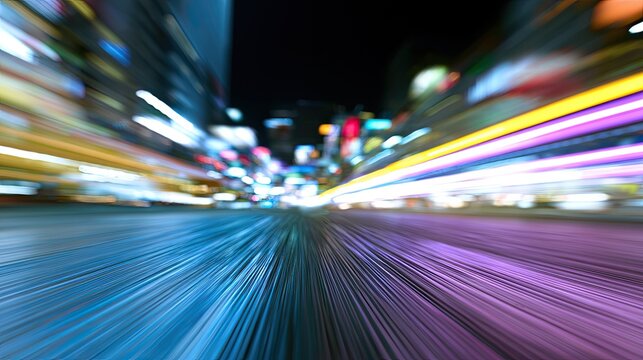 Blurry streak of urban lights at night, conveying rapid motion and energy