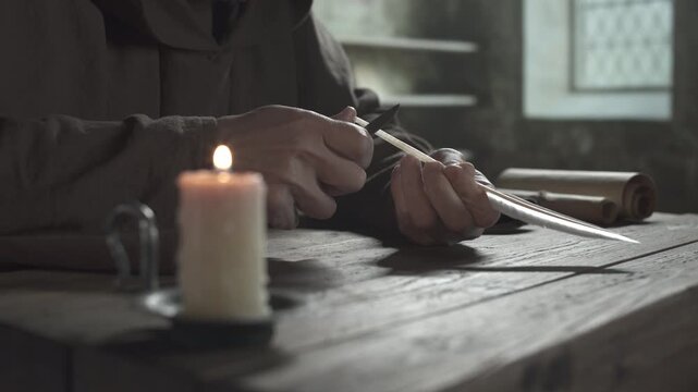 Hands of a medieval monk with a penknife making a scoop cut on a goose feather quill shaft next to a burning candle on a rough wooden table, inside a medieval scriptorium