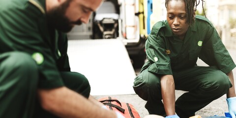 Fototapeta na wymiar Paramedics in green uniforms attending to a patient outdoors.