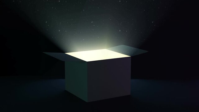 An open box emits bright glowing light into a dark space as floating dust particles drift above it in a mysterious minimalist 3D animation