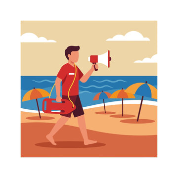 Flat vector illustration of a faceless male lifeguard walking along a sandy beach shoreline, holding a megaphone and carrying a red rescue buoy with ocean and umbrellas in the background.