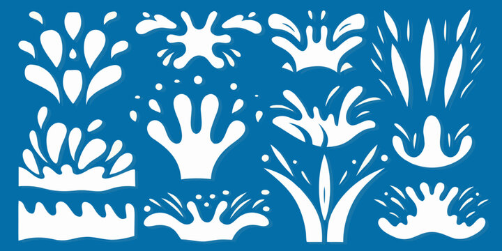 Water splash collection dynamic vector illustration on blue background