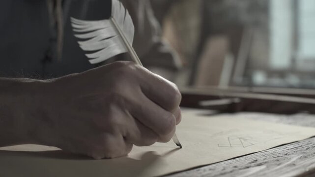 Hand of a medieval inventor drawing a straight line with a quill pen on parchment paper next to a geometric sketch inside an artist workshop