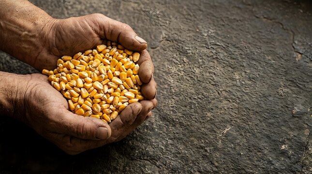 Farmer's hands holding golden corn kernels over dark soil surface, showcasing harvest and agricultural produce for farming, food production, and agribusiness concepts.