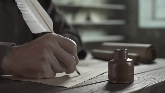 Monastic scribe in a brown robe dipping a large quill pen into a clay inkpot and writing a manuscript on parchment at a wooden table, with scrolls in the blurred background