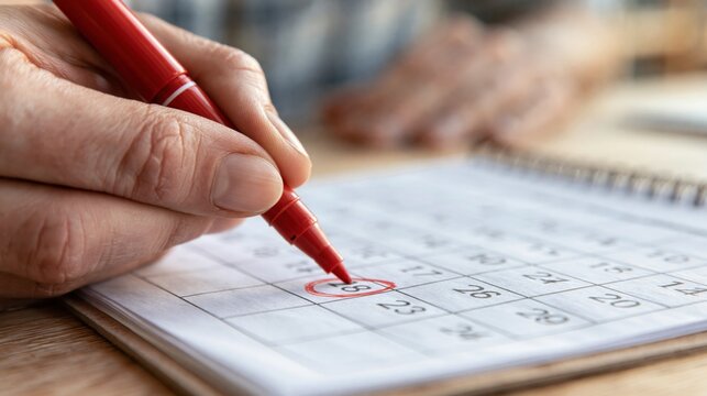 Close up of a hand marking a date on a calendar with a red pen, planning and scheduling