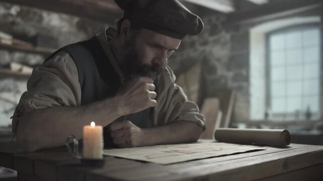 Medieval craftsman reviewing a flying machine sketch on parchment, stroking a beard and looking straight ahead thoughtfully inside a workshop
