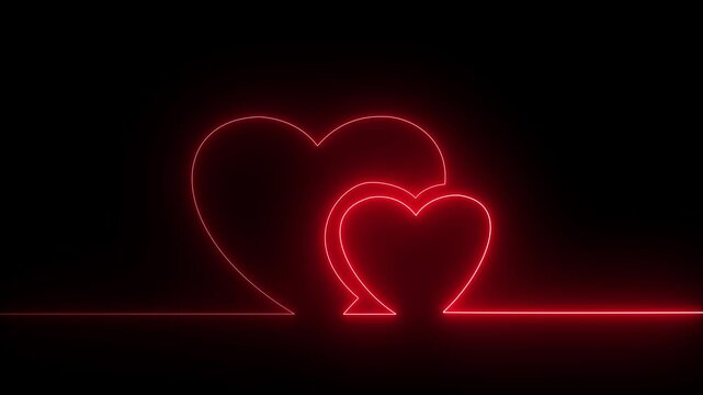 Red Neon line Two love hearts. Valentine's Day indicate. Love One line drawing concept. love card neon glowing icon. Bright glowing neon valentines love heart symbol animation.4k