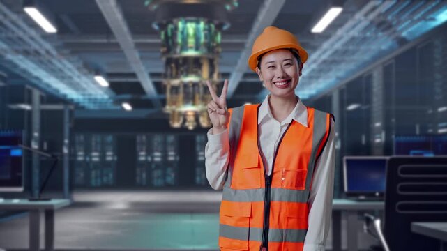 Asian Female Engineer With Safety Helmet Smiling And Showing Peace Gesture While Standing at Futuristic Quantum Computer Data Center Control Room