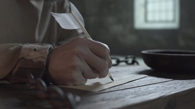 Close up of medieval prisoner chained hands writing the initial line with a quill pen on parchment paper on a rustic wooden table inside a gloomy dungeon 