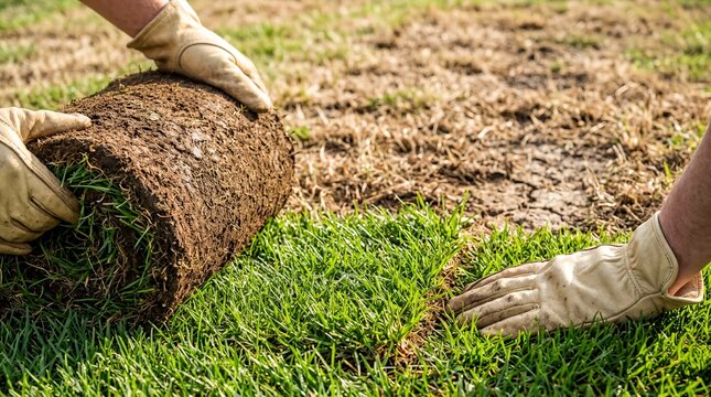 Lawn care transformation: Fresh green sod being laid over dry, patchy soil, glistening with dew