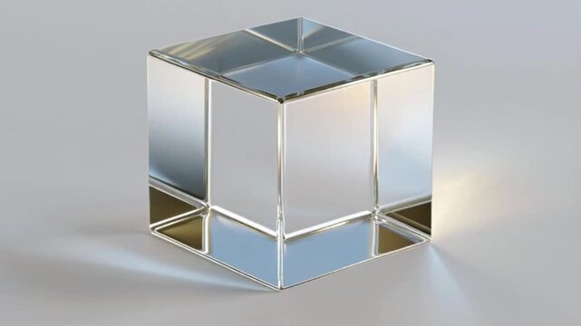 A polished transparent glass cube with sharp geometric edges, reflecting ambient light and casting elegant shadows on a bright minimalist surface