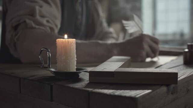 Medieval scholar creating a geometry drawing with a quill pen near a wooden measuring square tool and a burning candle on a table inside a craftsman workshop, tracking shot