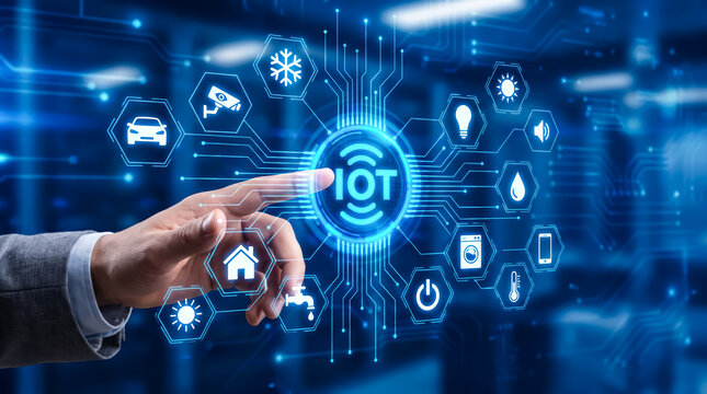 Internet of things iot concept with a person touching a digital interface showing various connected smart home and technology icons