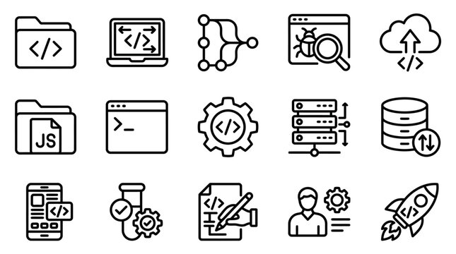 Sleek Black and White Icons Set Featuring Modern Development Coding Deployment and Tech Concepts