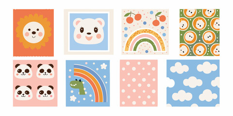 pastel colored nursery wall art collection featuring cute animals and patterns lion bear panda rainbow clouds dots © Sudhakar