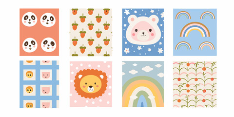 adorable pastel colored nursery wall art collection featuring cute animals and rainbows panda strawberry bear lion monkey © Sudhakar