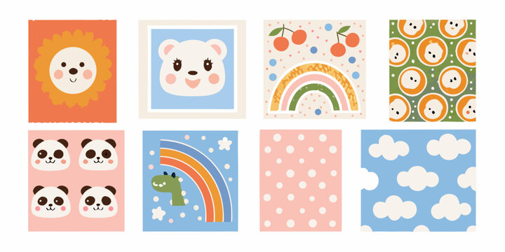 pastel colored nursery wall art collection featuring cute animals and patterns lion bear panda rainbow clouds dots