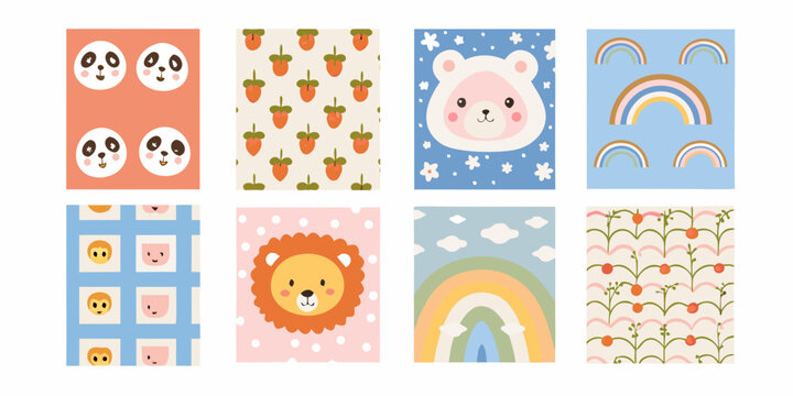 adorable pastel colored nursery wall art collection featuring cute animals and rainbows panda strawberry bear lion monkey