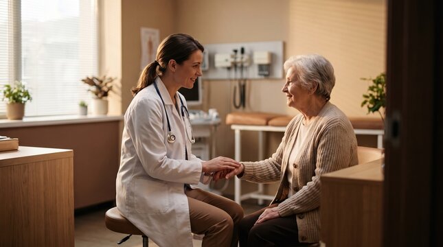 disease doctor medicals arthritis elderly woman in clinic with caring doctor discussing treatment options, bright day light through window, enhancing home-like comfor