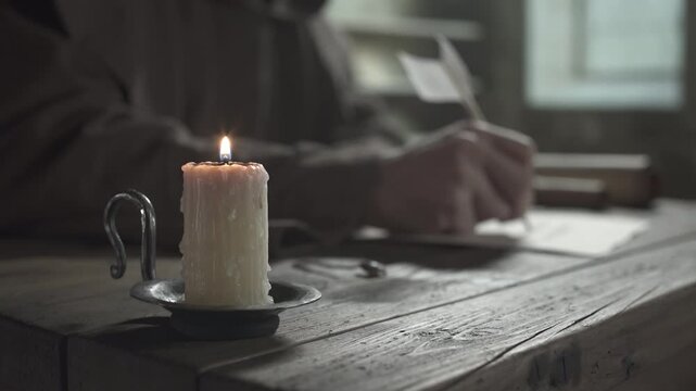 Close up of medieval monk hands extinguishing a burning candle with a snuffer on a rustic wooden table inside a dark scriptorium