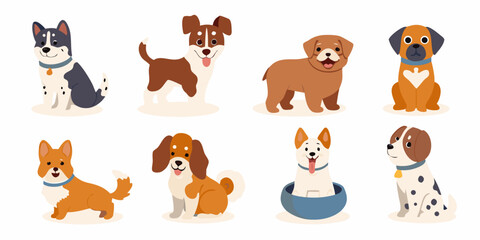 Fototapeta premium various dogs in cute flat vector style on white background puppies canines pets animal illustration cartoon design