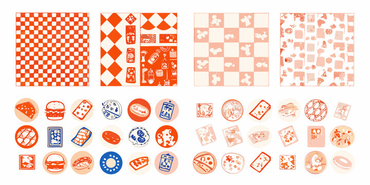retro fast food icons and patterns vector illustration burger pizza checkered diner menu design graphic element orange