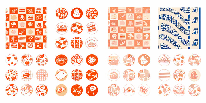fast food icons set in retro vector style on white background burger pizza fries checkered pattern orange