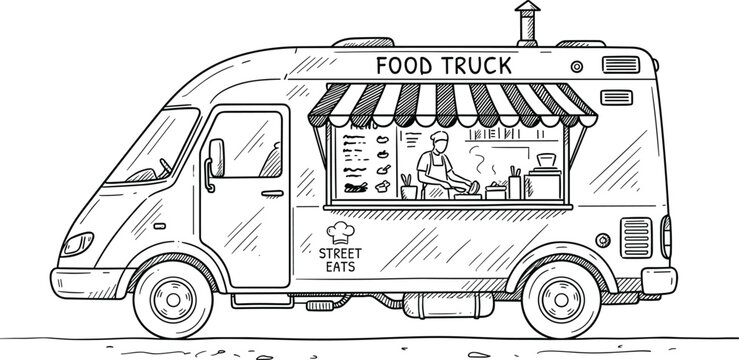 Hand drawn food truck sketch line art doodle side view with chef serving street eats restaurant vehicle vector illustration