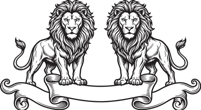 Twin majestic lions standing over a blank heraldic banner scroll
