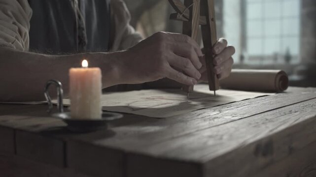 Hands of a craftsman measuring a glider sketch with a wooden divider and setting a lock pin on a rustic table next to a lit candle inside a medieval master studio