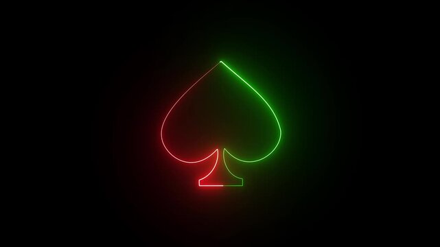 Green and Red Glowing neon poker card suits heart spade diamond club isolated on black background for gaming and betting concepts 4k video
